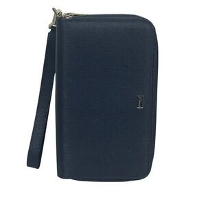 Brioni Blue Saffiano‎ Leather Double Zip Wallet Wristlet Italy Luxury Organizer